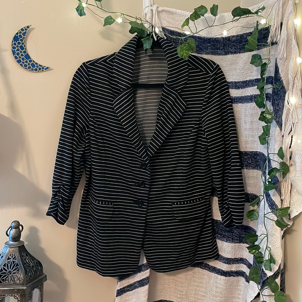 SOHO Professional Button-Up Black and White Striped Blazer